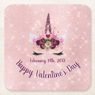 Cute Blush Pink Unicorn Valentine's Day Party Square Paper Coaster