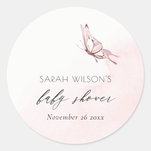 Cute Blush Pink Watercolor Butterfly Baby Shower  Classic Round Sticker