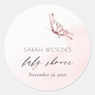 Cute Blush Pink Watercolor Butterfly Baby Shower Classic Round Sticker
