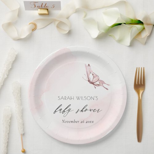 Cute Blush Pink Watercolor Butterfly Baby Shower Paper Plates