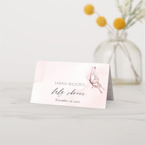 Cute Blush Pink Watercolor Butterfly Baby Shower  Place Card
