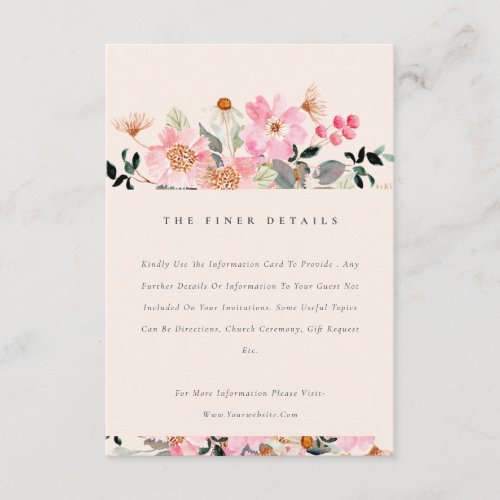 Cute Blush Pink Watercolor Floral Wedding Details Enclosure Card