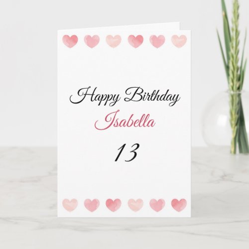 Cute Blush Pink Watercolor Set Heart 13th Birthday Card