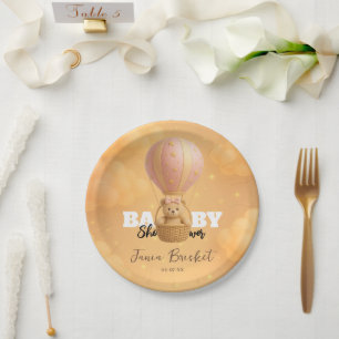 Cute Blush Pink Whimsical Teddy Bear Air Balloon Paper Plates