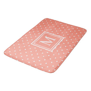 Cute Blush Pink & White Polka Dot Heart Pattern Bath Mat