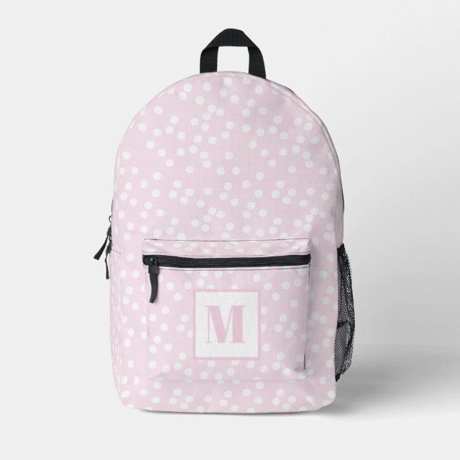 Cute Blush Pink & White Polkadots Monogrammed Kids Printed Backpack (Front)