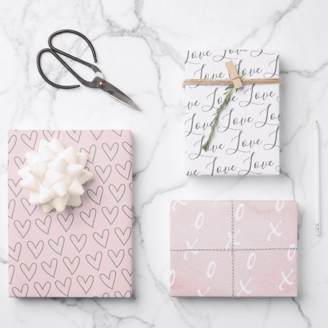 Cute Blush Pink XO Hearts Valentine's Wrapping Paper Sheets (Front)