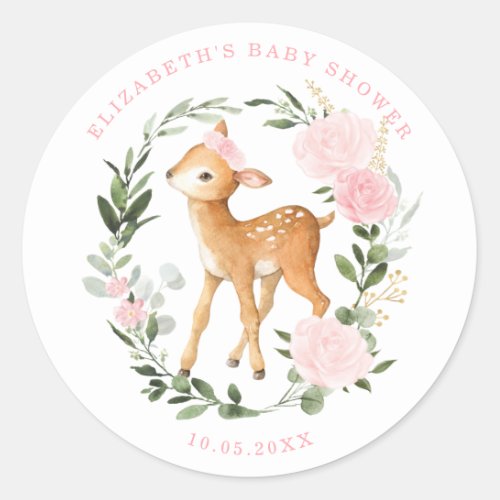 Cute Blush Roses Greenery Woodland Deer Fawn Baby Classic Round Sticker
