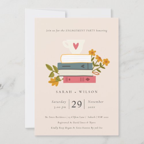 Cute Blush Stacked Books Floral Engagement Invite