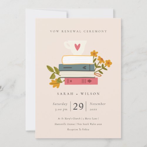Cute Blush Stacked Books Floral Vow Renewal Invite