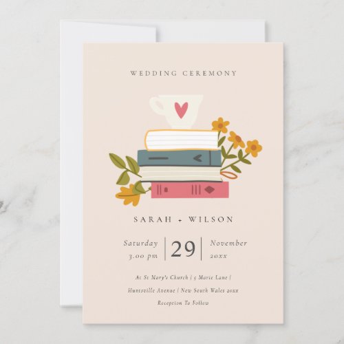 Cute Blush Stacked Books Floral Wedding Invite