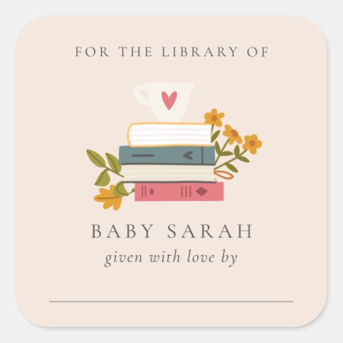 Cute Blush Stacked Storybooks Floral Baby Library Square Sticker