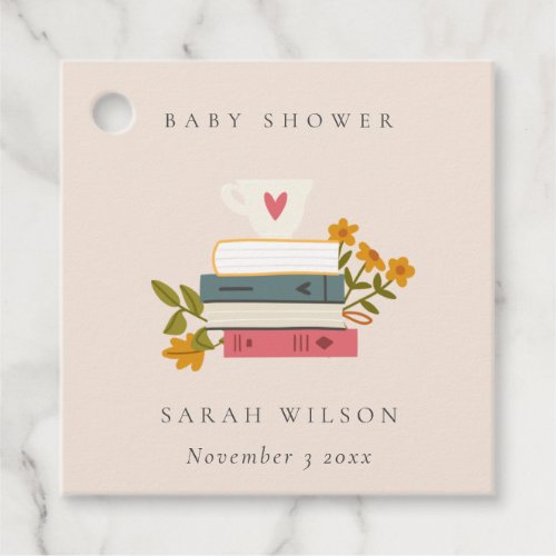 Cute Blush Stacked Storybooks Floral Baby Shower Favor Tags