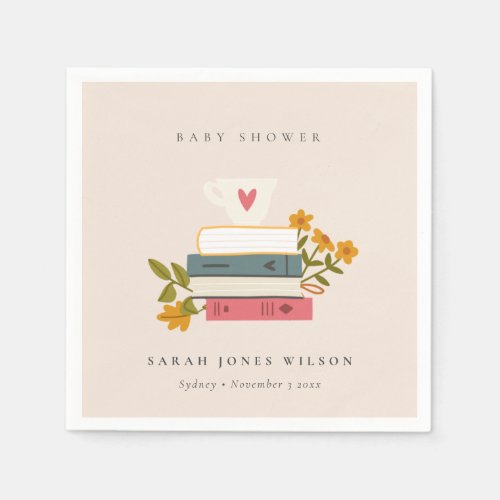 Cute Blush Stacked Storybooks Floral Baby Shower Napkins