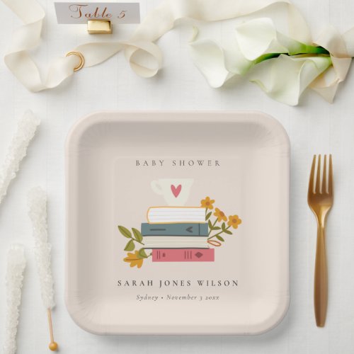Cute Blush Stacked Storybooks Floral Baby Shower Paper Plates