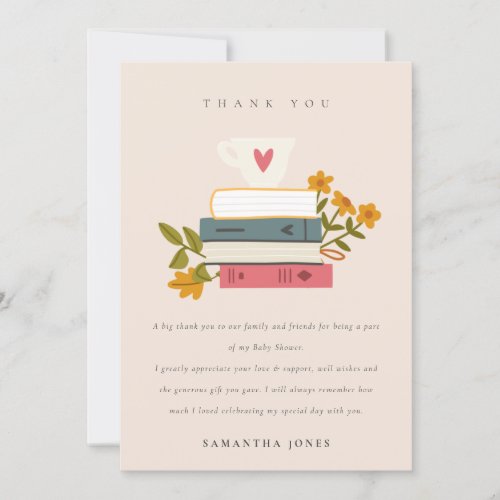 Cute Blush Stacked Storybooks Floral Baby Shower Thank You Card