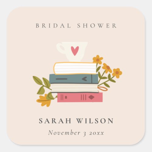 Cute Blush Stacked Storybooks Floral Bridal Shower Square Sticker