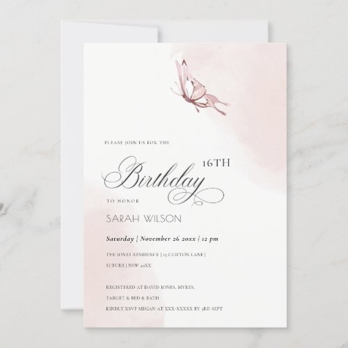Cute Blush Watercolor Butterfly Any Age Birthday Invitation