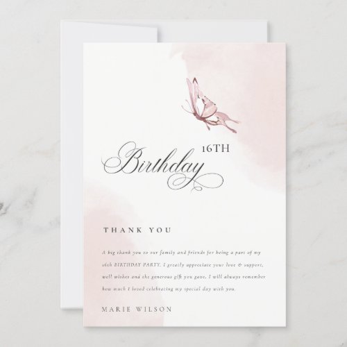 Cute Blush Watercolor Butterfly Any Age Birthday Thank You Card