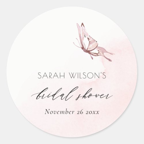 CUTE BLUSH WATERCOLOR BUTTERFLY BRIDAL SHOWER CLASSIC ROUND STICKER
