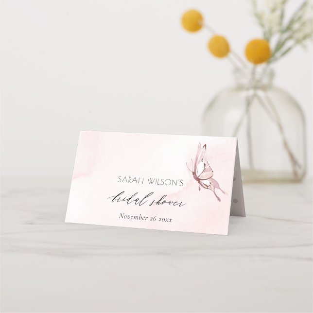 CUTE BLUSH WATERCOLOR BUTTERFLY BRIDAL SHOWER PLACE CARD (Front)