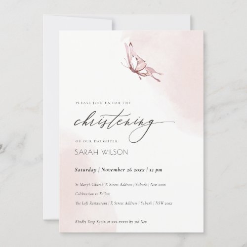 Cute Blush Watercolor Butterfly Christening Invite
