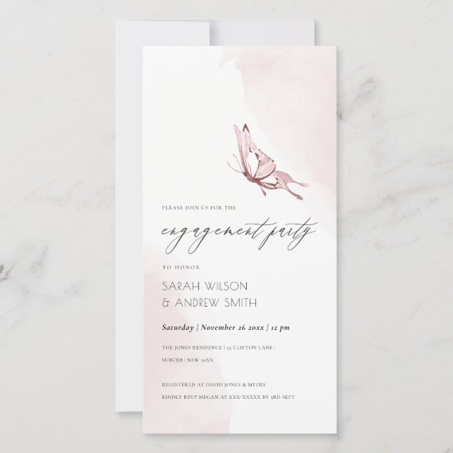 CUTE BLUSH WATERCOLOR BUTTERFLY ENGAGEMENT INVITE (Front)