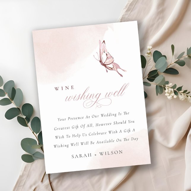 Cute Blush Watercolor Butterfly Wine Wishing Well Enclosure Card (Creator Uploaded)