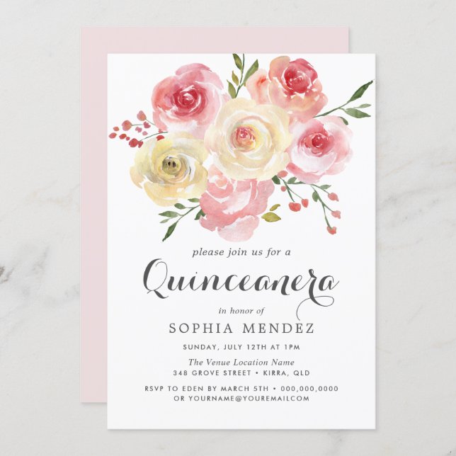 Cute Blush Watercolor Quinceanera 15th Party Invitation (Front/Back)