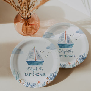 Cute Boat Nautical Baby Shower Paper Plates