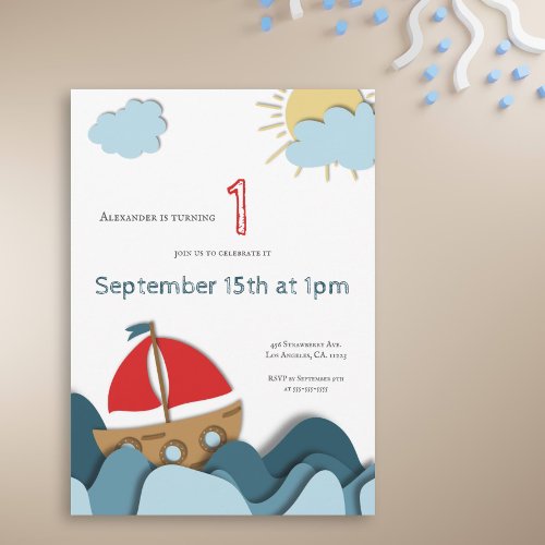 Cute Boat with Red Sails First Birthday Invitation