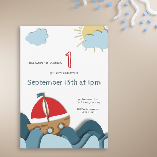Cute Boat with Red Sails First Birthday Invitation (Creator Uploaded)