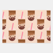Cute Boba Bubble Tea Art Brown Pink Blush Wrapping Paper Sheets (Front 2)