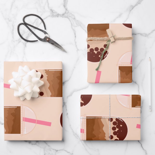 Cute Boba Bubble Tea Art Brown Pink Blush Wrapping Paper Sheets (Front)