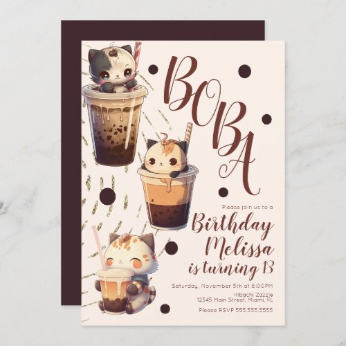 Cute Boba Cat Cartoon Birthday Party Invitation