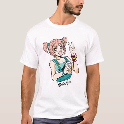 Cute Boba Girl Anime Girl Drinking A Bubble Tea T_Shirt