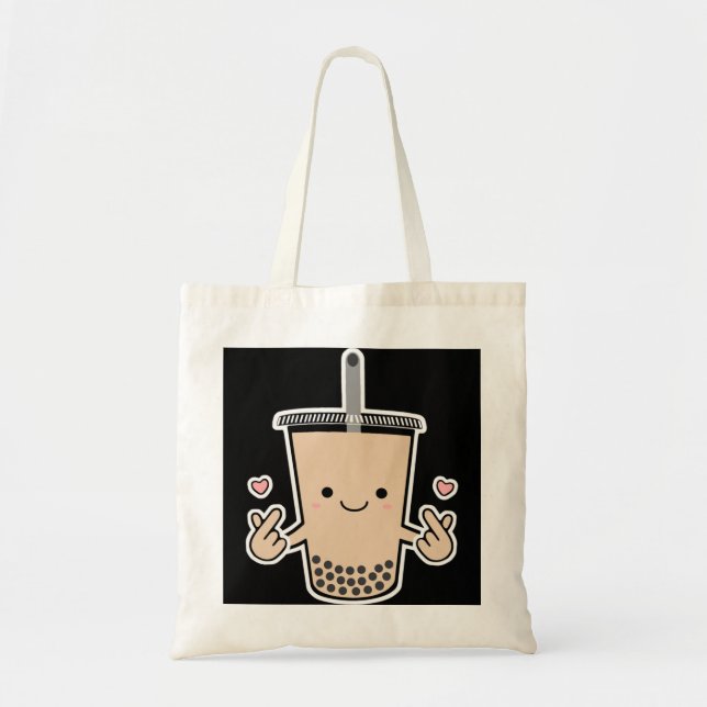 Cute Boba KPop Bubble Milk Tea Korean Finger Heart Tote Bag (Front)