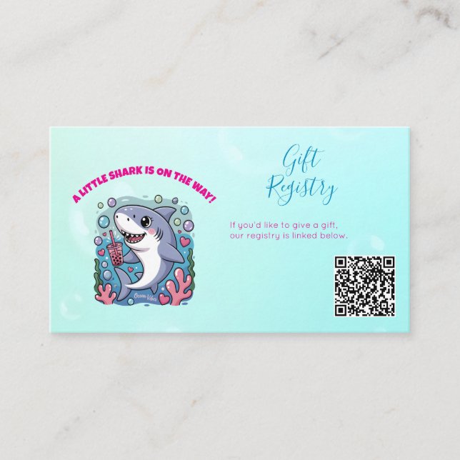 Cute Boba Shark Ocean Vibes QR Code Baby Shower Enclosure Card (Front)