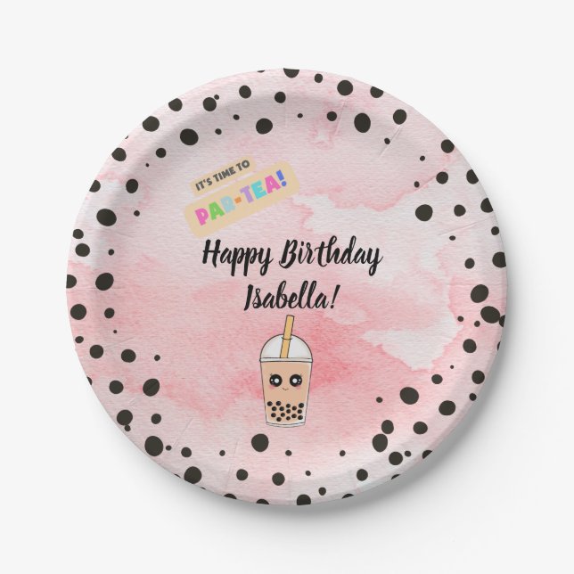 Cute Boba Tea Birthday Party Paper Plates (Front)