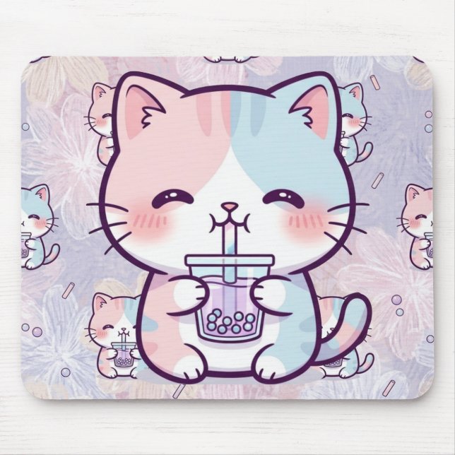 Cute Boba Tea Kitten Mousepad - Aesthetic Pastel F (Front)