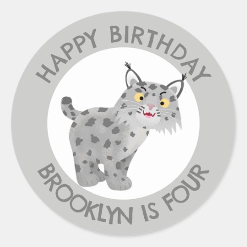 Cute bobcat lynx cartoon personalised birthday classic round sticker