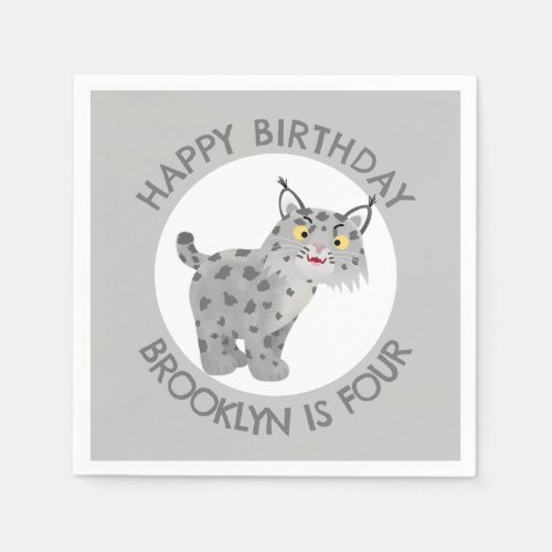 Cute bobcat lynx cartoon personalised birthday napkins