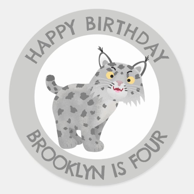 Cute bobcat lynx cartoon personalized birthday classic round sticker (Front)