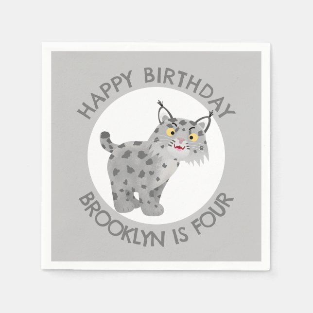 Cute bobcat lynx cartoon personalized birthday napkins (Front)