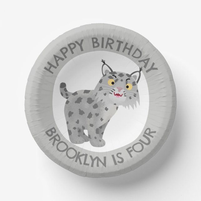 Cute bobcat lynx cartoon personalized birthday paper bowls (Front)