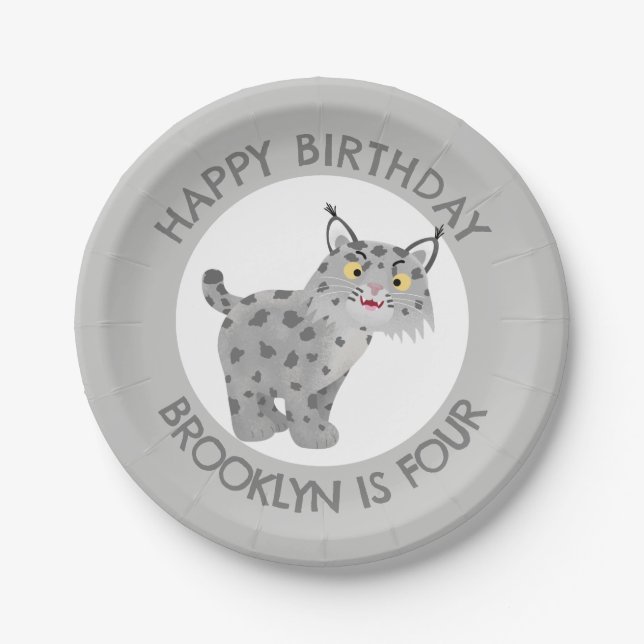 Cute bobcat lynx cartoon personalized birthday paper plates (Front)