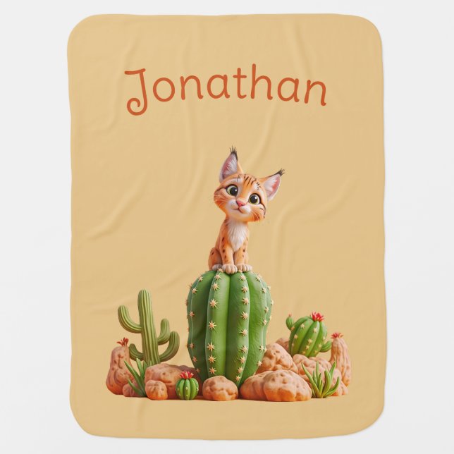 Cute Bobcat on cactus Baby Blanket (Front)