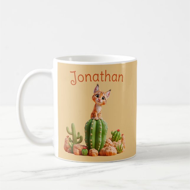 Cute Bobcat on cactus Coffee Mug (Left)