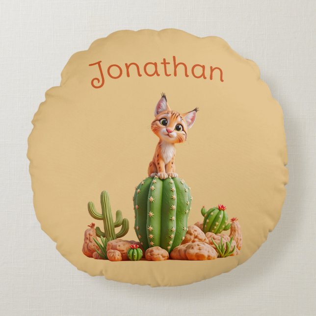 Cute Bobcat on cactus Round Pillow (Front)
