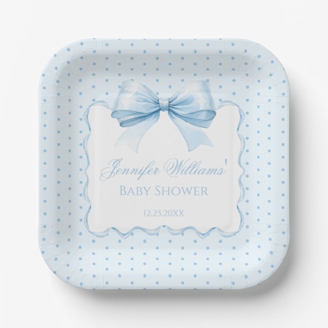 Cute bohemian blue bow ribbon baby boy shower paper plates (Front)